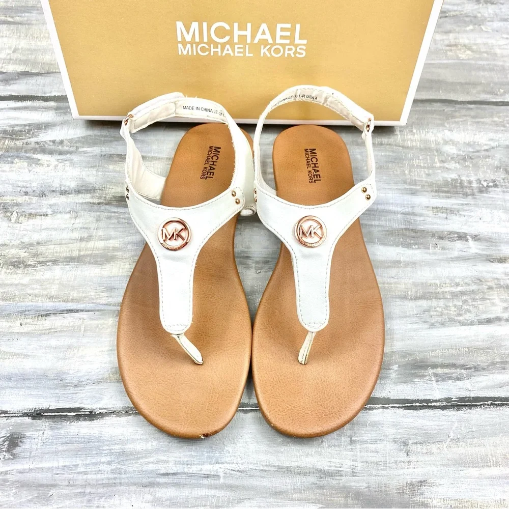 Michael Michael Kors White Thong Sandal “Sumac” Ankle Strap Rose Gold In Box 4M - Picture 5 of 16